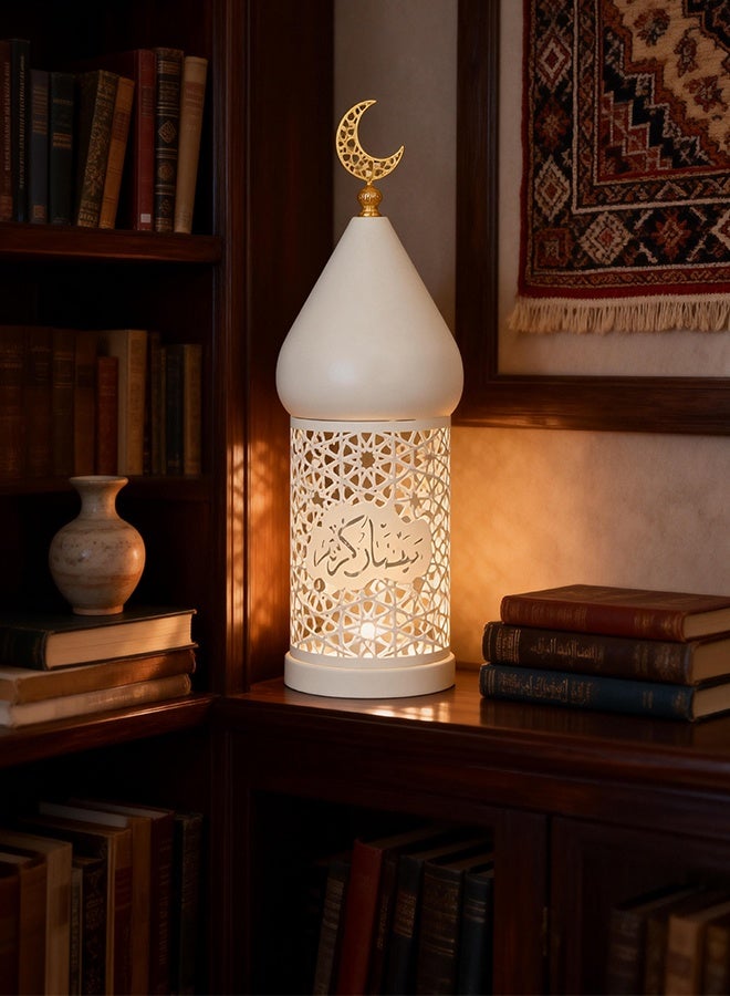 Ramadan Hollowed-out Led Lantern, Eid Lighting Fixtures - Battery Operated Moroccan Hollow-out Iron LED Light for Home, Desk, Bedroom, Living Room, Decoration & Gift (White - Excluding the battery) - Image 1